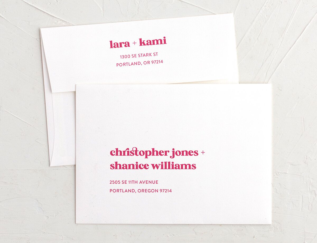 Vibrant Bold Rehearsal Dinner Invitation Envelopes White Standard Hot Pink Both Recipient and Return Addresses Signature