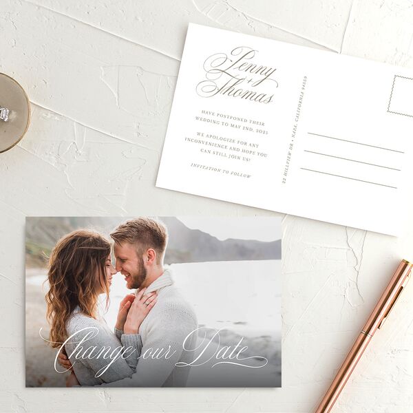 Flowing Script Change the Date Postcards French Blue