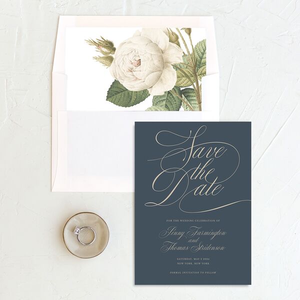 Flowing Script Save the Date Cards French Blue Signature No