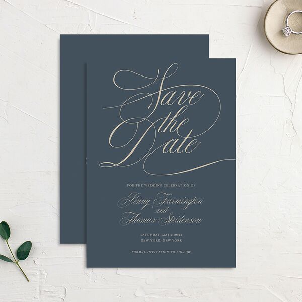 Flowing Script Save the Date Cards French Blue Signature No