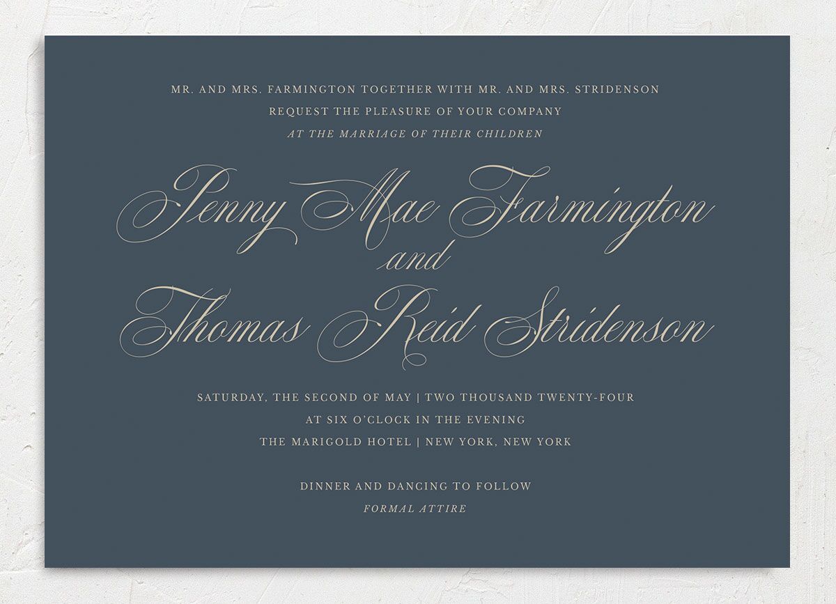 Flowing Script Wedding Invitations front in blue