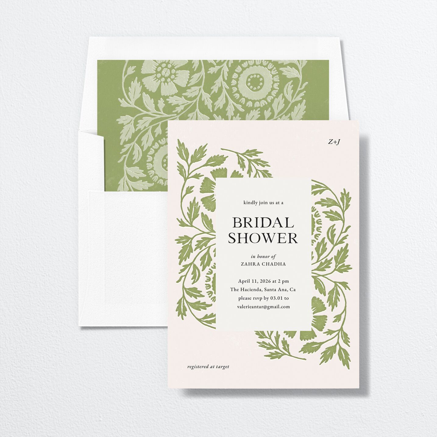 Block Print Bridal Shower Invitations envelope-and-liner in green
