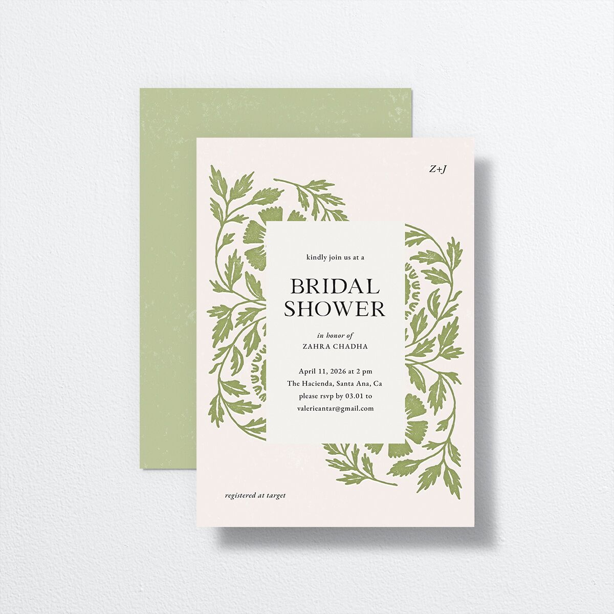 Block Print Bridal Shower Invitations front-and-back in green