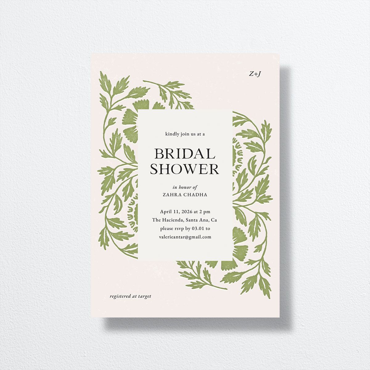 Block Print Bridal Shower Invitations front in green