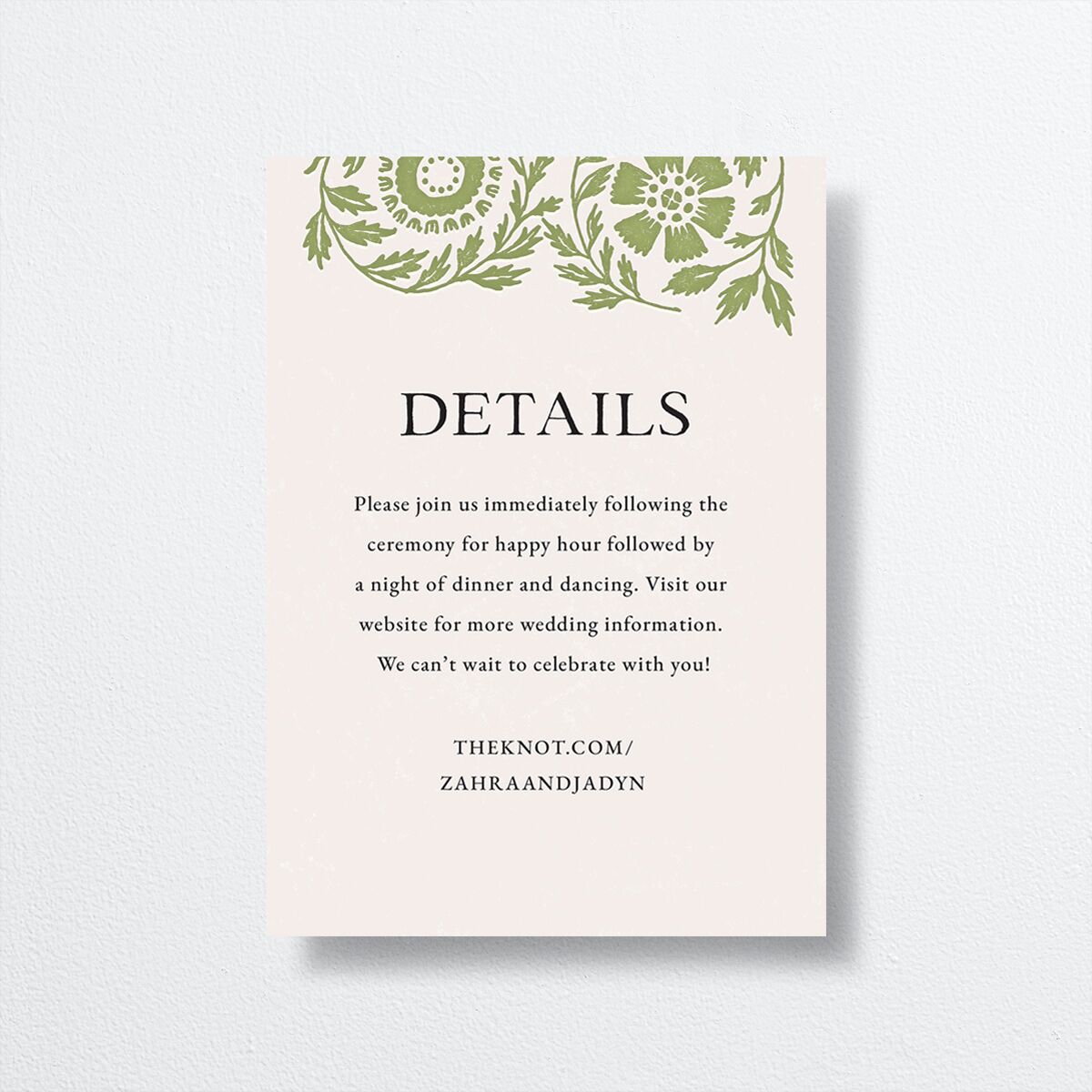 Block Print Wedding Enclosure Cards front in green