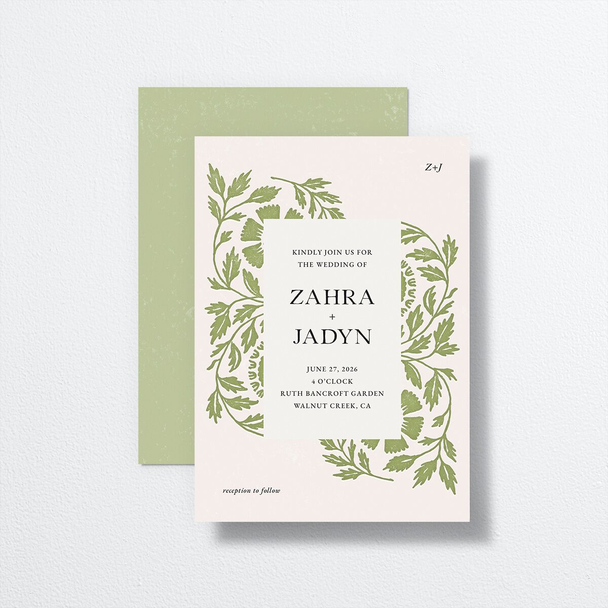 Block Print Wedding Invitations front-and-back in green