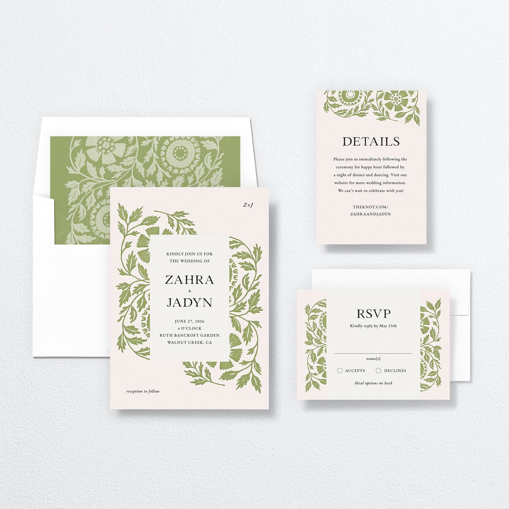 Block Print Wedding Invitations suite in green