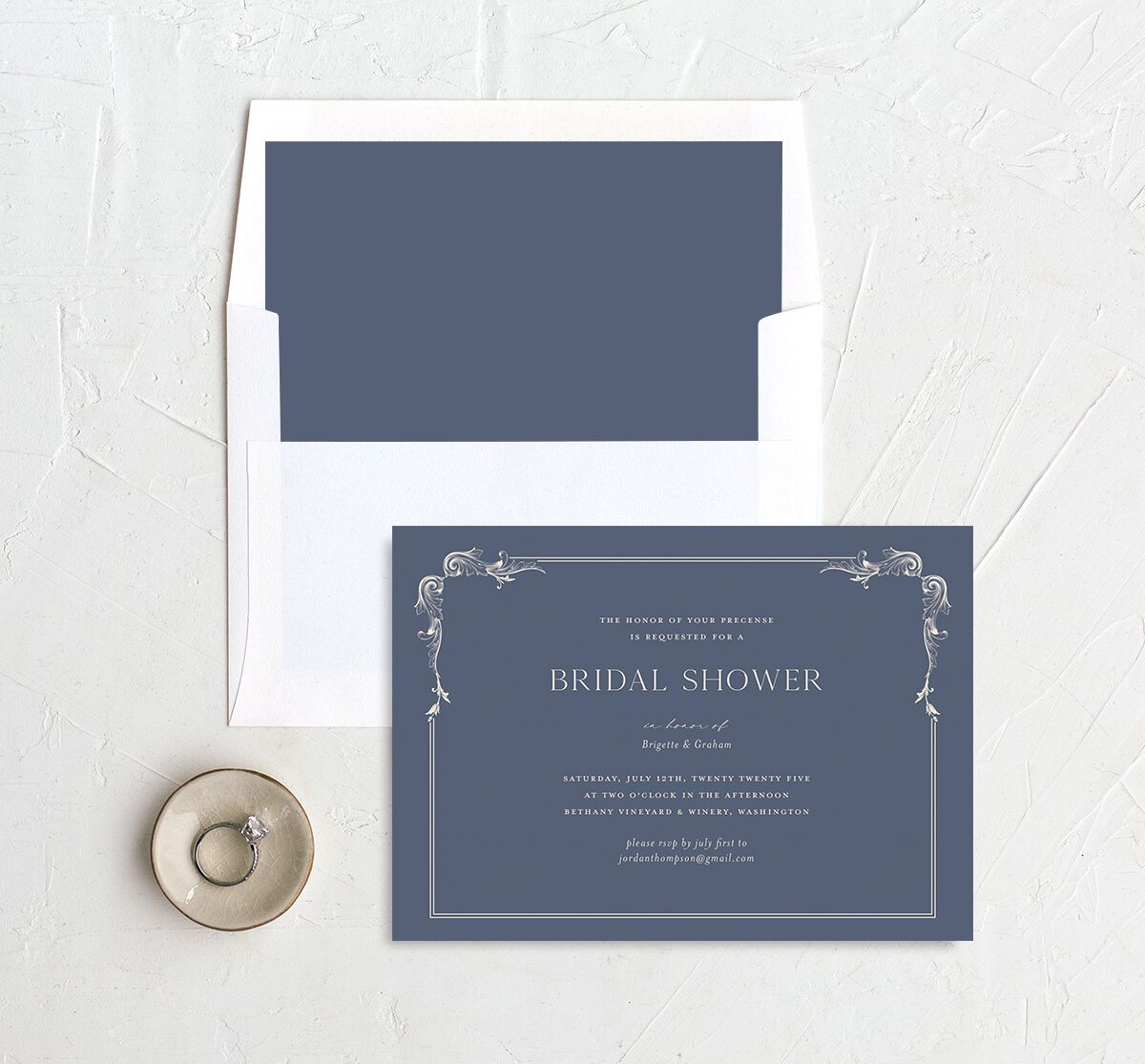 Vintage Ornate Frame Bridal Shower Invitations envelope-and-liner in Blue