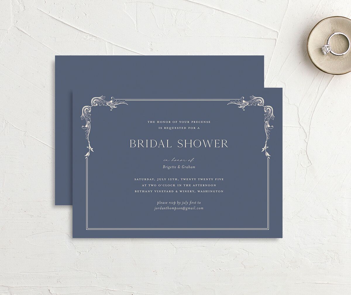 Vintage Ornate Frame Bridal Shower Invitations front-and-back in Blue