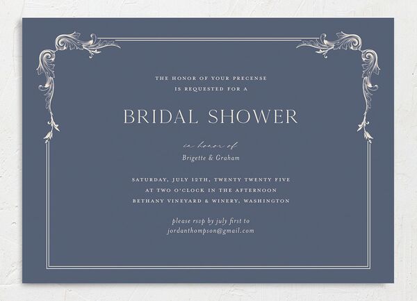 Vintage Ornate Frame Bridal Shower Invitations front in Blue