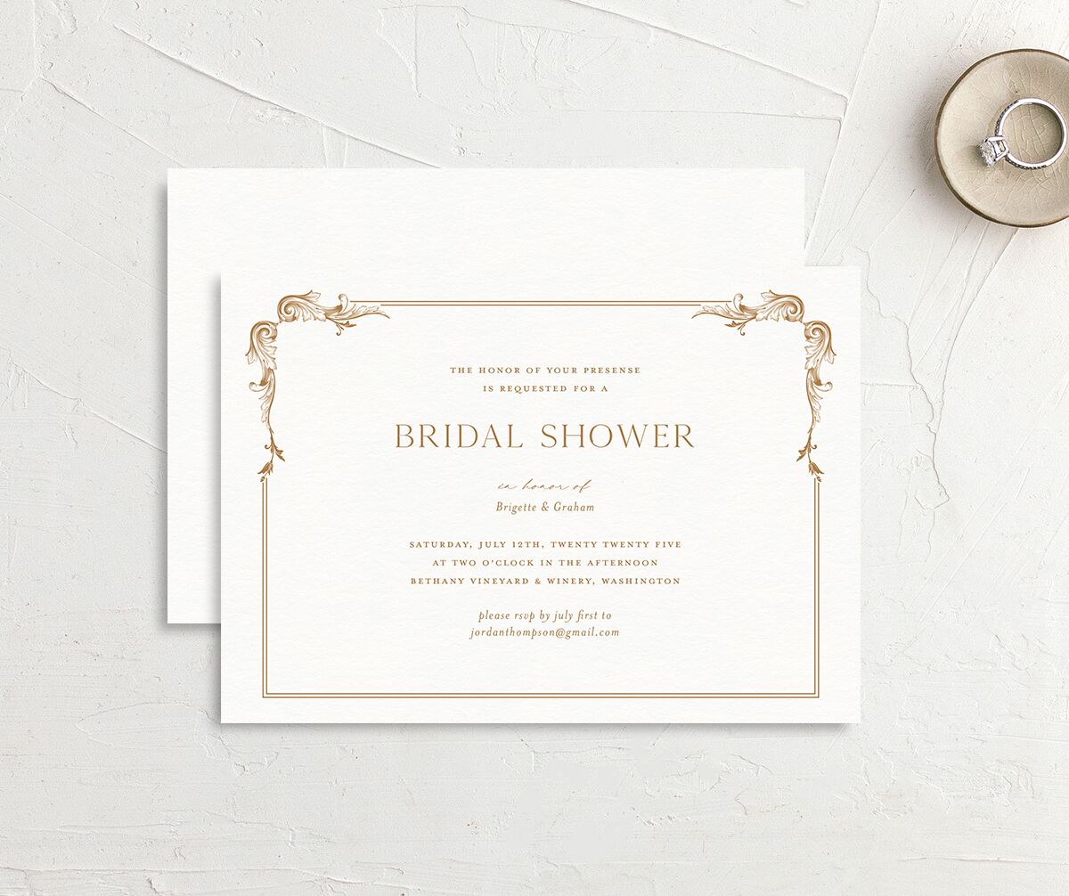 Vintage Ornate Frame Bridal Shower Invitations front-and-back in Gold