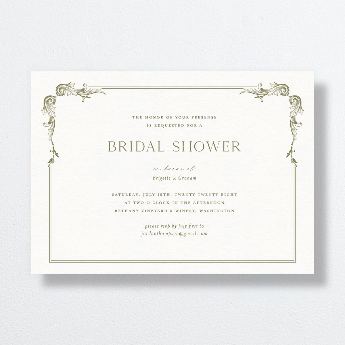 Vintage Ornate Frame Bridal Shower Invitations Olive Signature Standard