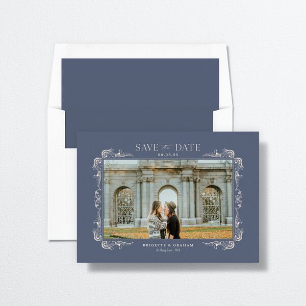 Vintage Ornate Frame Save The Date Cards envelope-and-liner in Blue