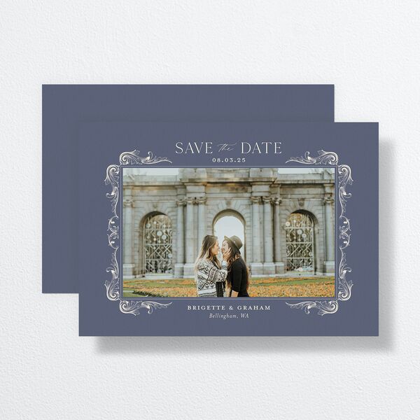 Vintage Ornate Frame Save The Date Cards front-and-back in Blue