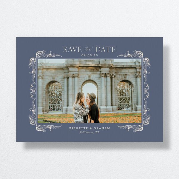 Vintage Ornate Frame Save The Date Cards front in Blue
