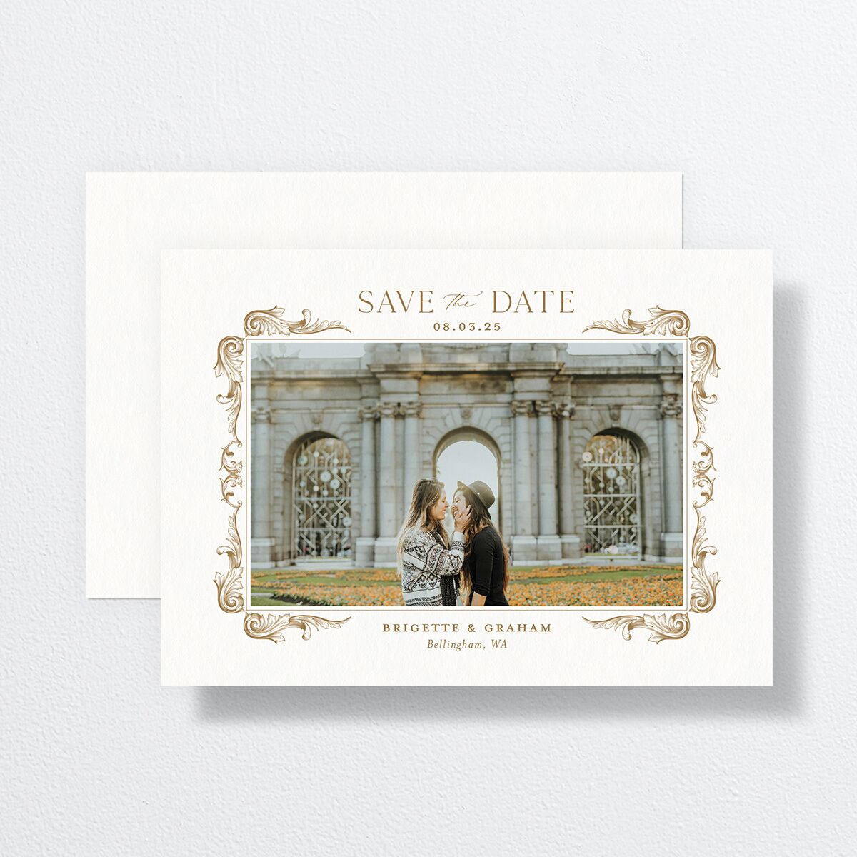 Vintage Ornate Frame Save The Date Cards front-and-back in Gold
