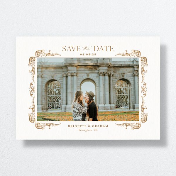 Vintage Ornate Frame Save The Date Cards front in Gold