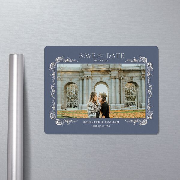 Vintage Ornate Frame Save The Date Magnets in-situ in Blue