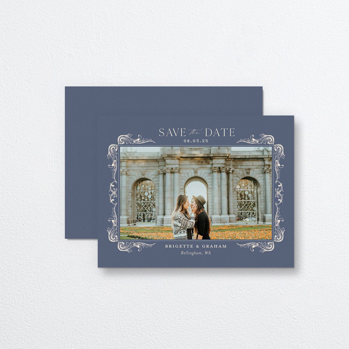 Vintage Ornate Frame Save the Date Petite Cards front-and-back in Blue