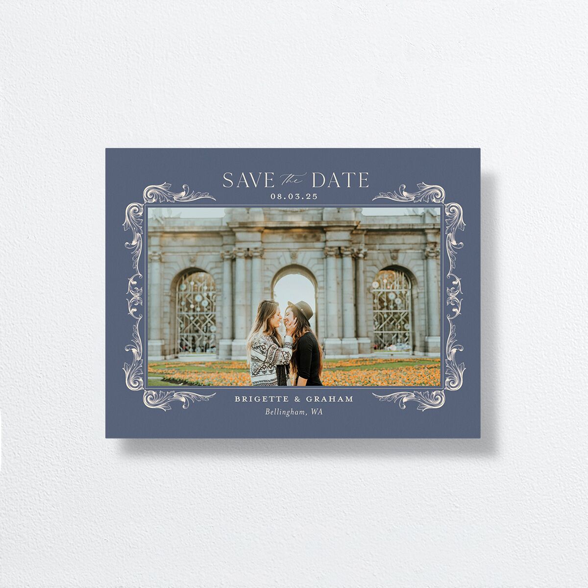 Vintage Ornate Frame Save the Date Petite Cards front in Blue