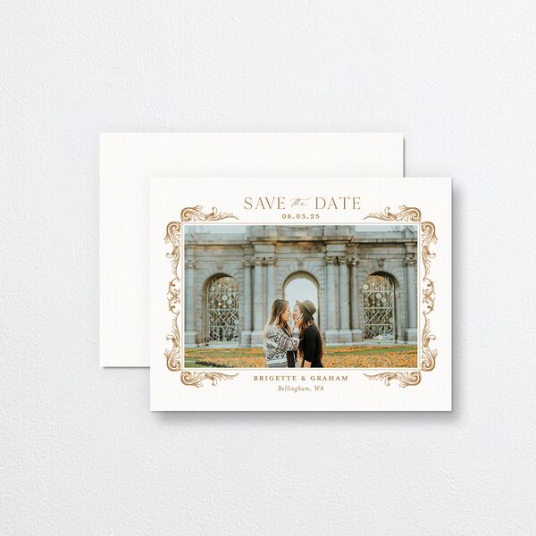 Vintage Ornate Frame Save the Date Petite Cards front-and-back in Gold