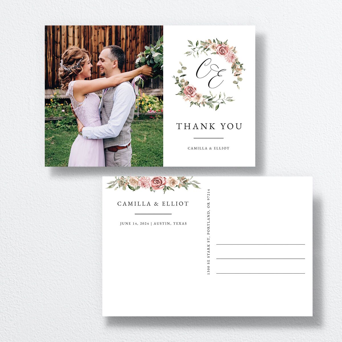 Floral Monogram Thank You Postcards — view 1