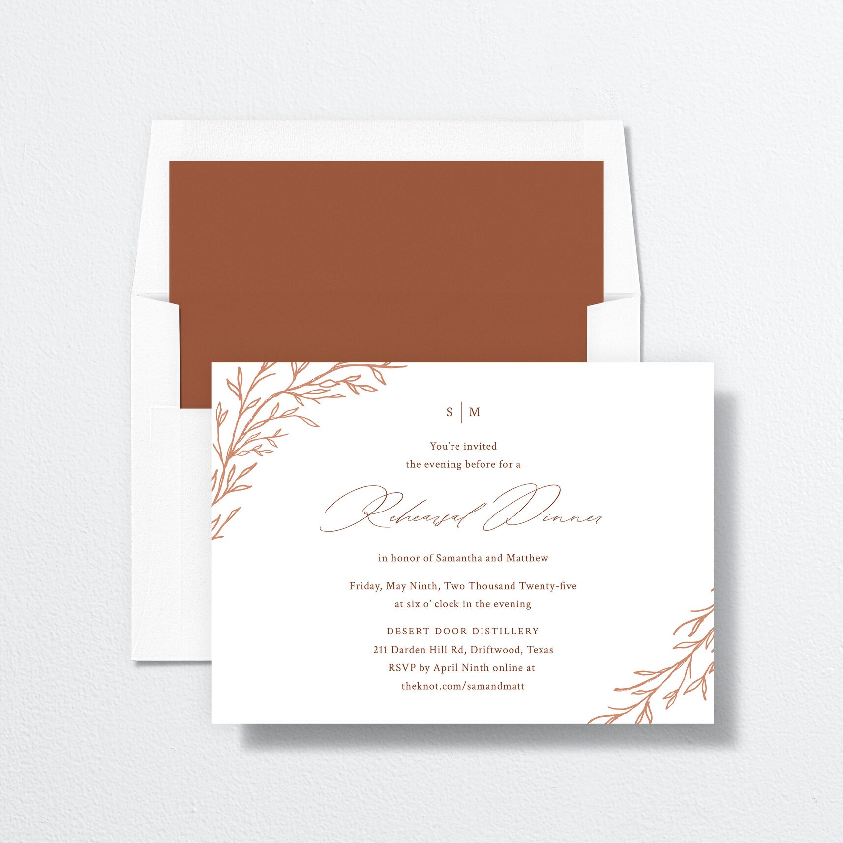 Rustic Branches Rehearsal Dinner Invitations envelope-and-liner in red