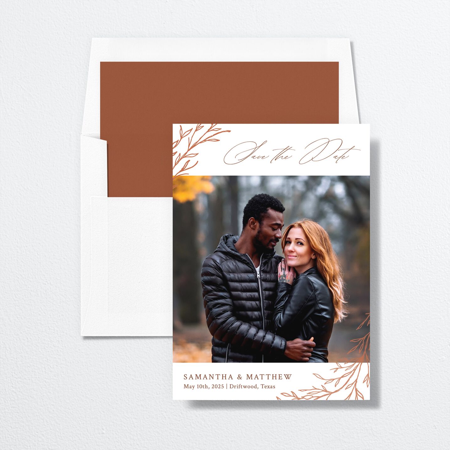 Rustic Branches Save The Date Cards envelope-and-liner in red