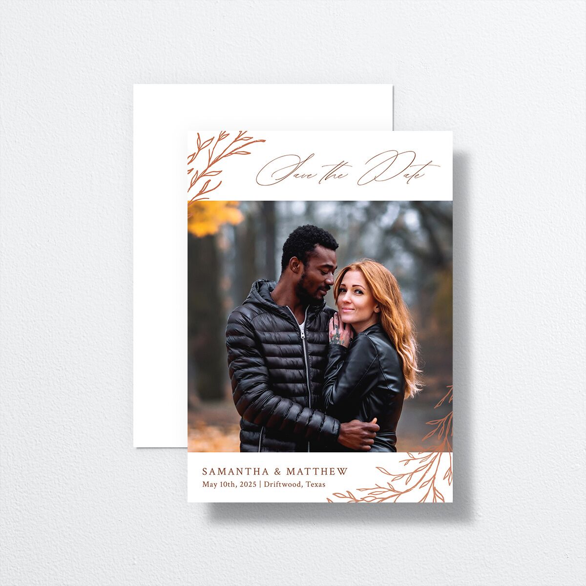 Rustic Branches Save The Date Cards front-and-back in red