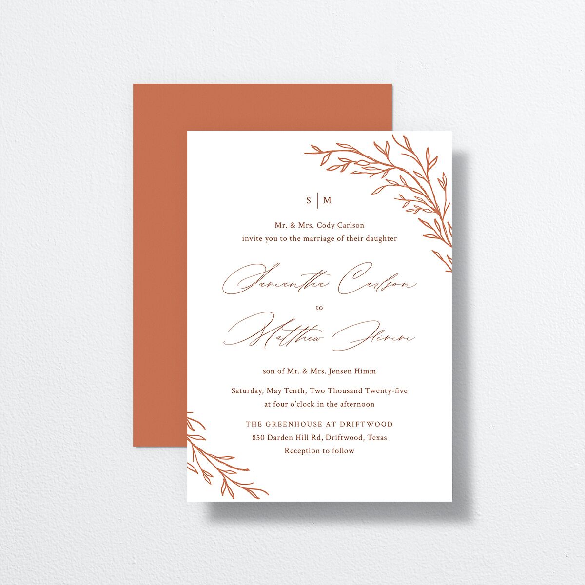 Rustic Branches Wedding Invitations front-and-back in red