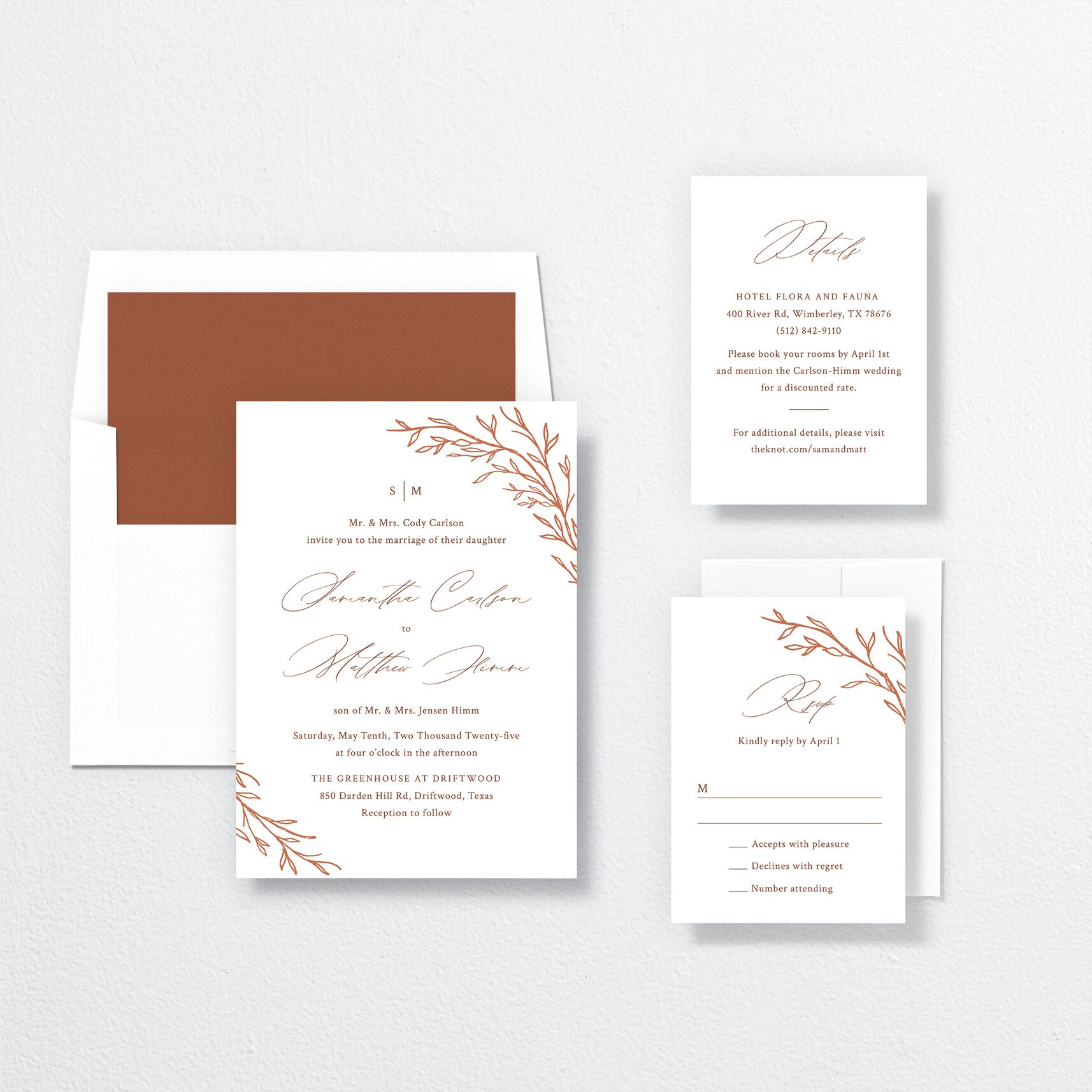 Rustic Branches Wedding Invitations suite in red