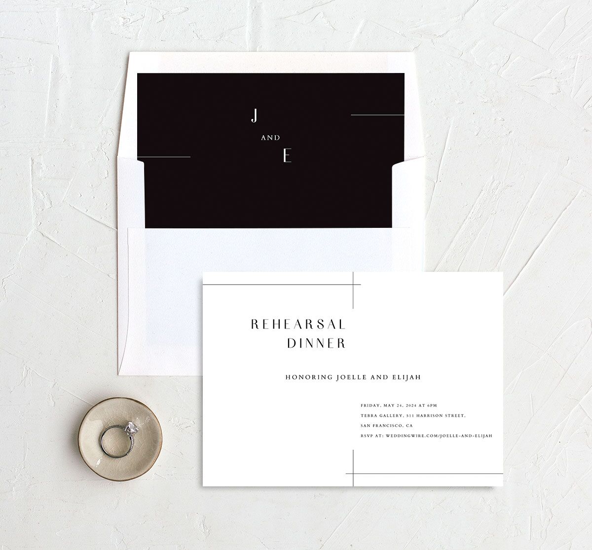 Minimal Lines Rehearsal Dinner Invitations envelope-and-liner in white