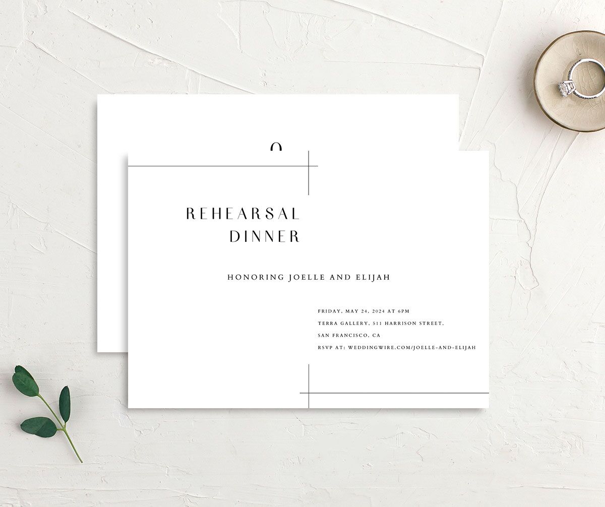 Minimal Lines Rehearsal Dinner Invitations front-and-back in white