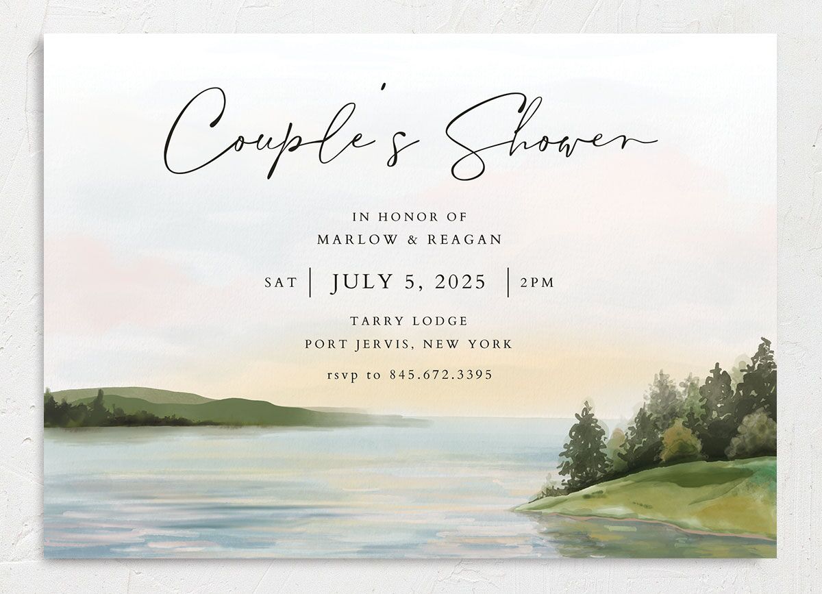 Lakeside Tranquility Bridal Shower Invitations front in blue
