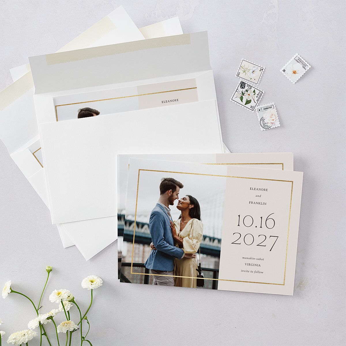 Baroque Border Save the Date Cards Gold Pure White Signature smooth Blank No