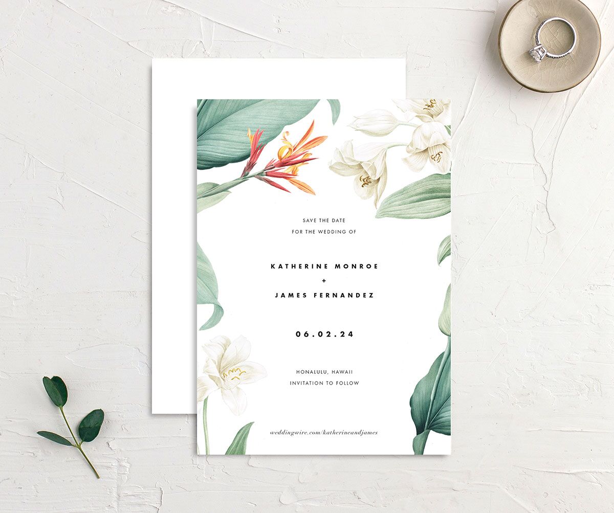 Natural Blooms Save the Date Cards front-and-back in white