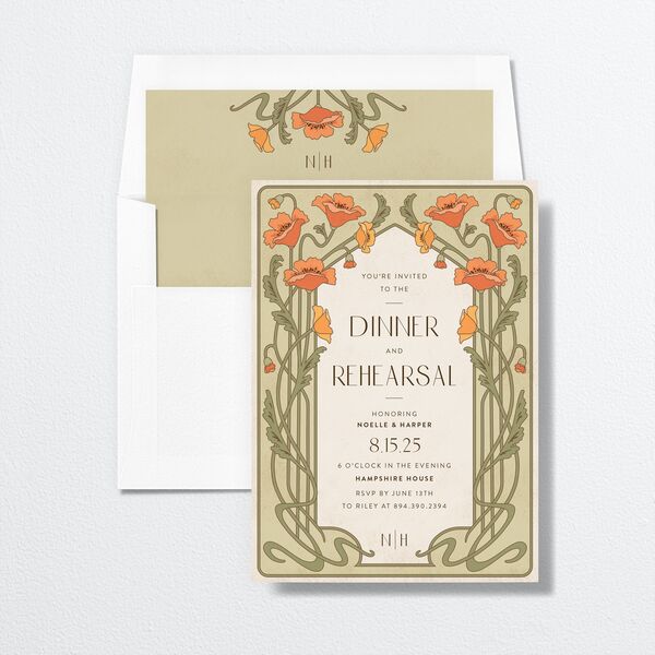 Vintage Nouveau Rehearsal Dinner Invitations envelope-and-liner in Green