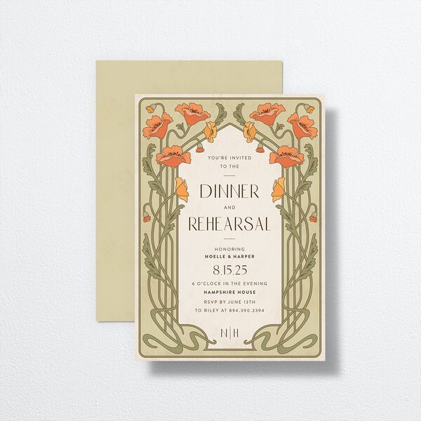 Vintage Nouveau Rehearsal Dinner Invitations front-and-back in Green