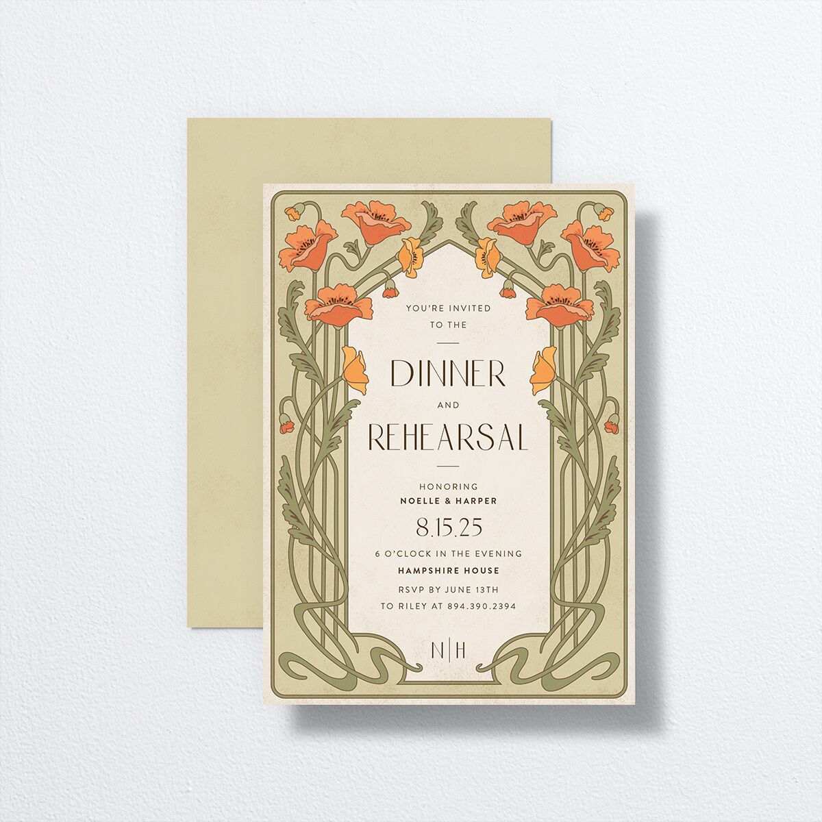 Vintage Nouveau Rehearsal Dinner Invitations front-and-back