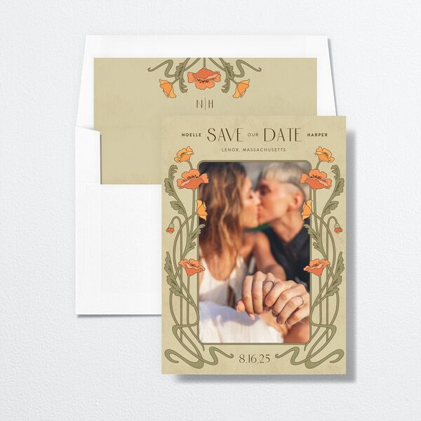 Vintage Nouveau Save The Date Cards envelope-and-liner in Green
