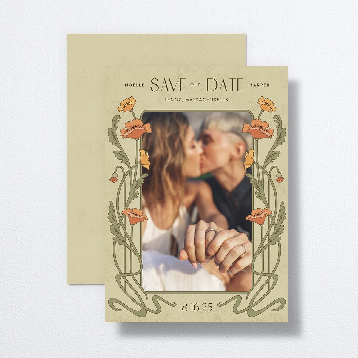 Vintage Nouveau Save The Date Cards front-and-back in Green