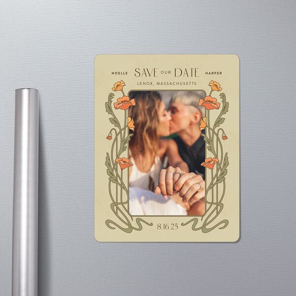 Vintage Nouveau Save The Date Magnets in-situ in Green