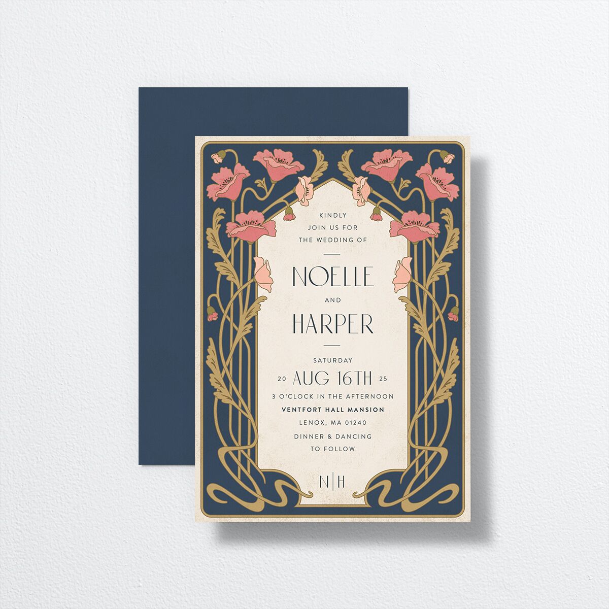 Vintage Nouveau Wedding Invitations front-and-back in blue