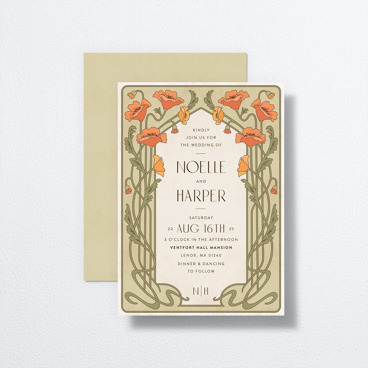 Vintage Nouveau Wedding Invitations front-and-back in Green