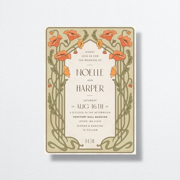 Vintage Nouveau Wedding Invitations front in Green