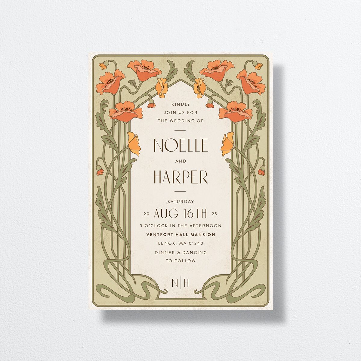 Vintage Nouveau Wedding Invitations front in green