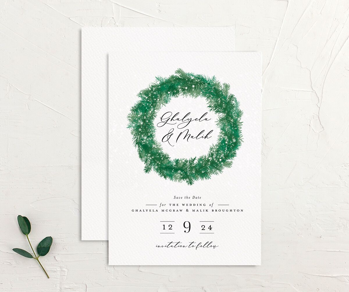 Festive Romance Save the Date Cards front-and-back in green