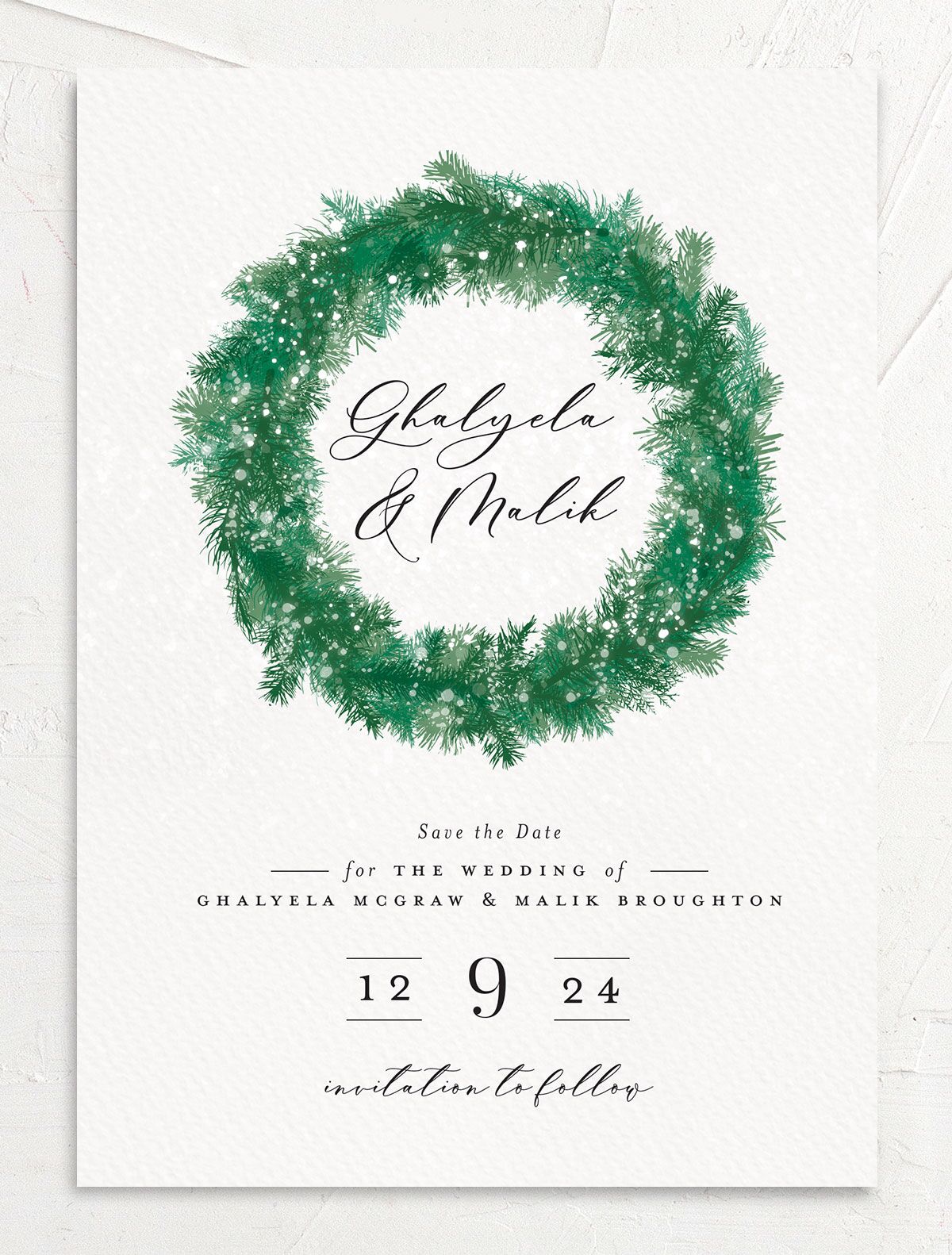 Festive Romance Save the Date Cards front in green