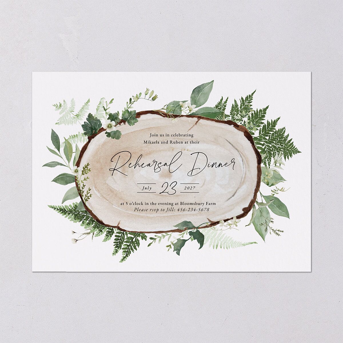 Fairytale Woodgrain Slab Rehearsal Dinner Invitations Pure White Signature Blank Standard