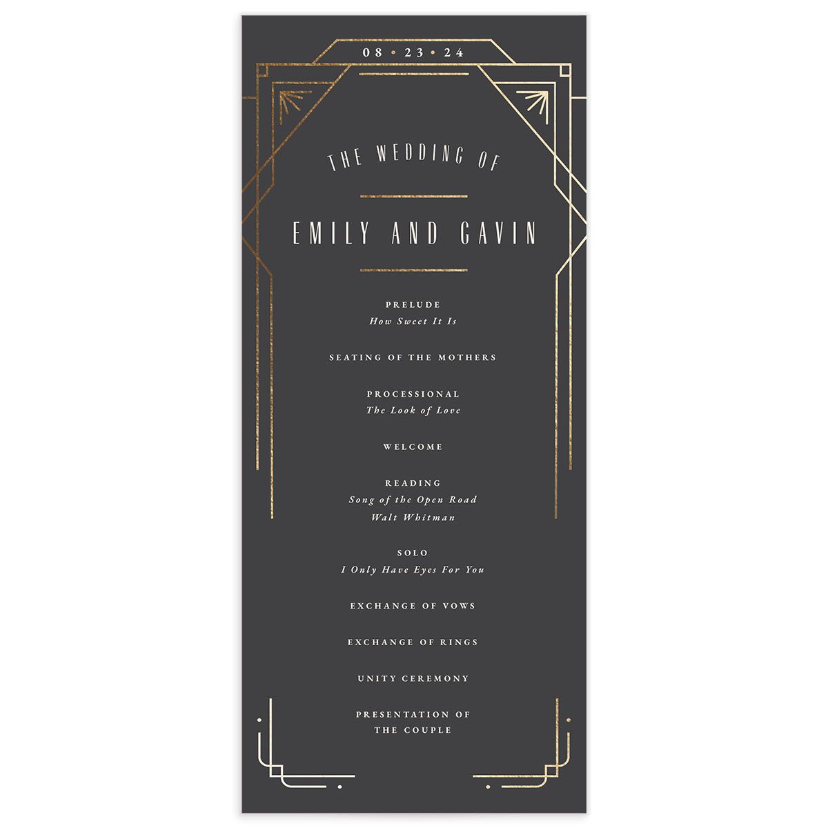 Vintage Deco Wedding Programs Gold Charcoal Signature